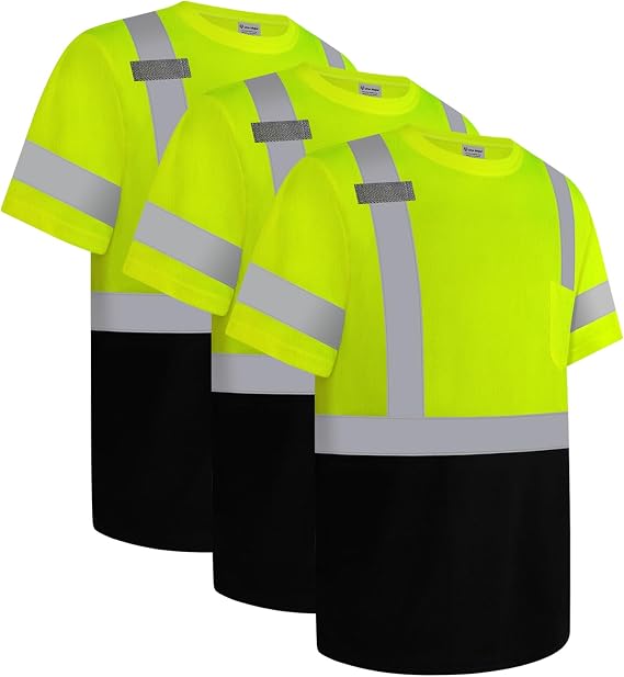 Reflective Shirts for Men Women Class 2 High Visibility Shirts with Black Bottom, Hi Vis Safety Shirts for Men, Short Sleeve Construction Work Shirts, Durable & Breathable, Yellow M, 3PCS