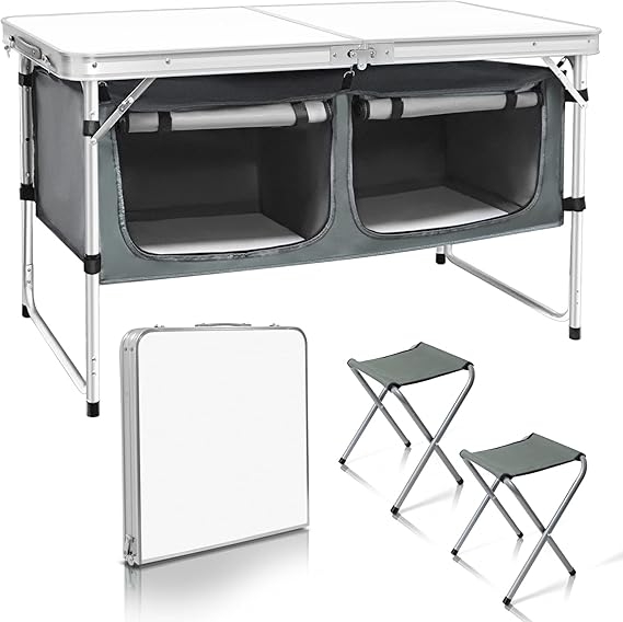 CampLand Outdoor Folding Table Aluminum Lightweight Height Adjustable with Storage Organizer for BBQ, Party, Camping