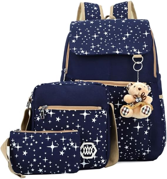Girls Star Print 3-in-1 Backpack Set with Cute Bear Pendant, Water Resistant Lightweight School Rucksack with Crossbody Bag & Pencil Pouch for Kids 8-13 UK Year 4 to Year 8, School, Travel Bag
