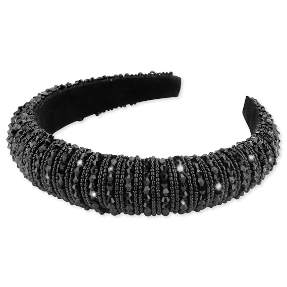 Wecoe Black Headband for Women Fashion Rhinestone Headbands Women Padded Headband Fancy Bling Diamond Sparkle Crystal Beaded Headband Cute Hair Bands Halloween Gifts Hair Accessories For Women Girls