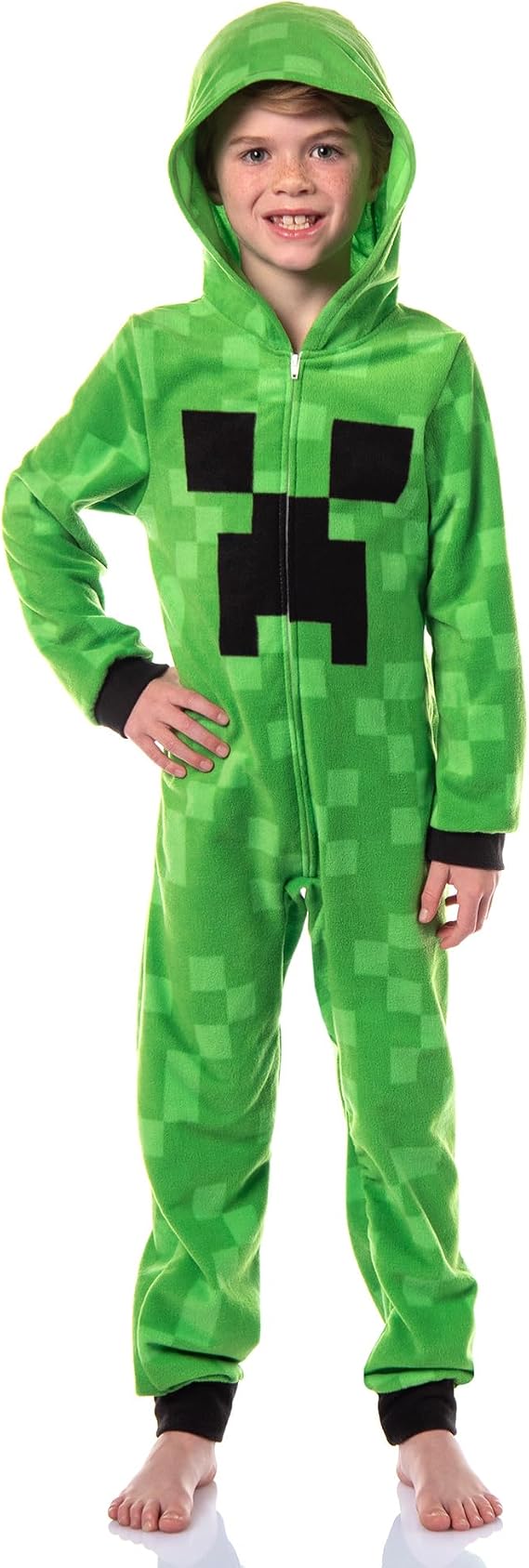 Minecraft Kids Fleece Creeper Hooded Union Suit Zip-Front Footless Sleeper Pajama (10/12, Medium) Green