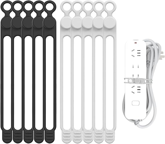 UMUST Silicone Cable Straps 10pcs Extra Long Reusable Hanging Organizer for Cables, Kitchen, Home, School Black & White