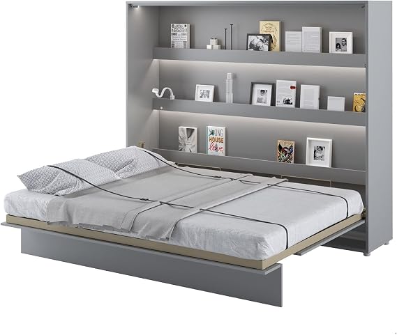 Arthauss Horizontal Wall Bed Concept BC-14 in Grey 160 cm with Functional Shelves, Fold Down Hidden Cabinet for Small Rooms
