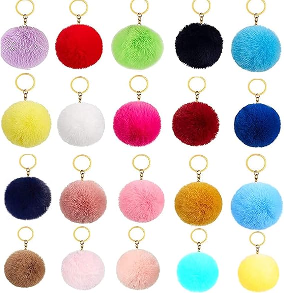 Pompoms Keychain 20 pieces Pom Pom Fluffy Keyring Multicolor Keyfob Faux Fur Balls for Hats Shoes Bags