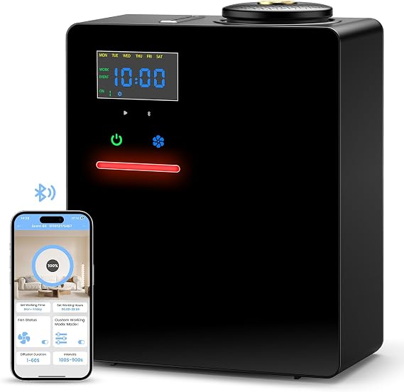 Waterless Essential Oil Diffuser 5000 Sq.Ft Coverage for Large Home, Hotel, or Office, 200ml Cold Air Scent Diffuser Machine with Bluetooth App Control, Quiet No-Heat HVAC Fragrance Diffuser