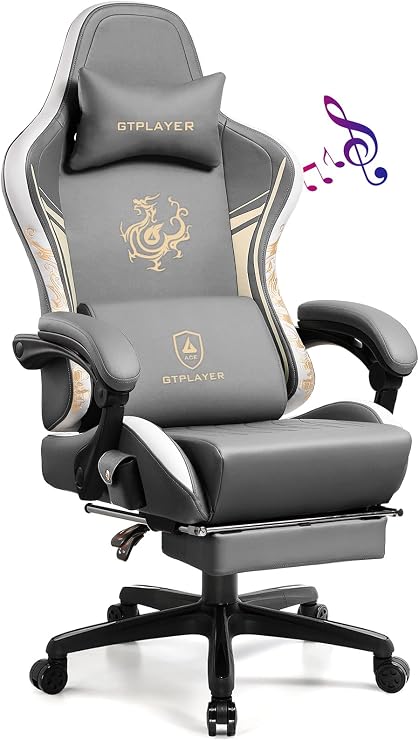 GTPLAYER Gaming Chair with Bluetooth Speakers and Footrest, Ergonomic Computer Chair Heavy Duty High Back Lumbar Support Home Office Chair (Grey)