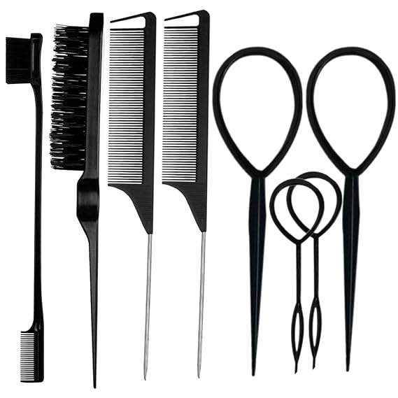 ZVOREI 8Pcs Black Hair Brushes Set with 4Pcs Topsy Tail Tools, Teasing Bristle Brush, Edge Control Brush, and 2Pcs Metal Pin Rat Tail Combs for Women's Hair Styling and Brushing