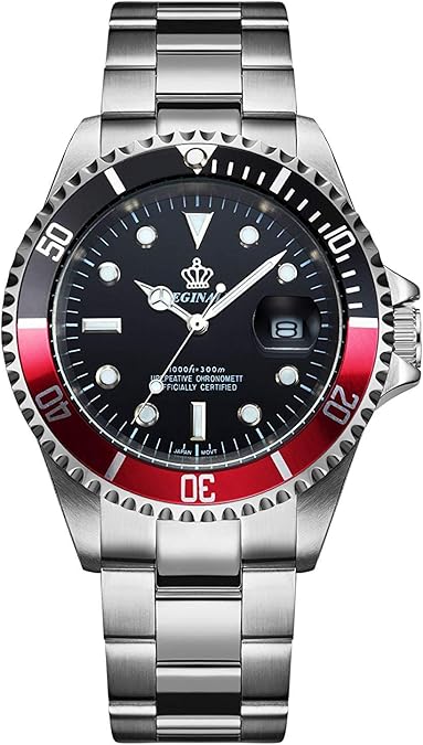 Reginald Men's Diver-Inspired Quartz Watch Sapphire Crystal 40mm | Black dial with date magnifier, luminous hands and markers, rotating bezel, 50M water resistance and a steel bracelet.