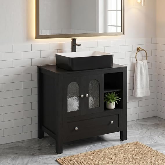 30-Inch Black Bathroom Vanity with Water Ripple Design Door, Modern Stylish Cabinet with Black and White Ceramic Sink Top