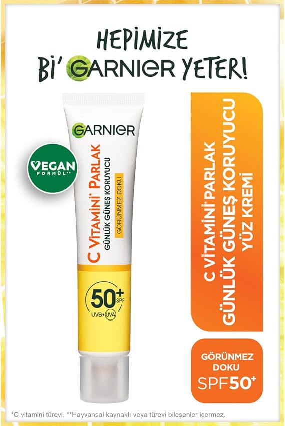 Garnier C Vitamini Parlak Günlük Güneş Koruyucu Fluid Yüz Kremi Görünmez Doku SPF50, 40 ml