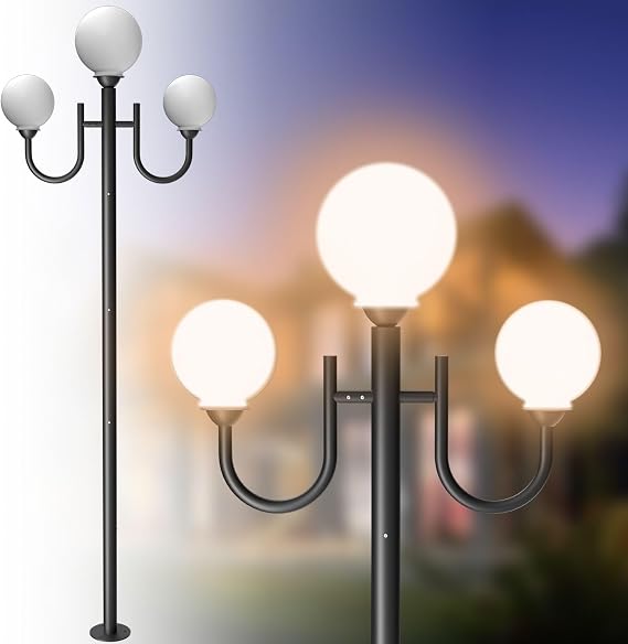 79'' Outdoor Lamp Post Light Triple Head Aluminum Street Light Pole Lamp for Outside with 3Pcs 10W LED E26 Bulbs, Waterproof Outdoor Post Lights for Yard Garden Driverway-Black