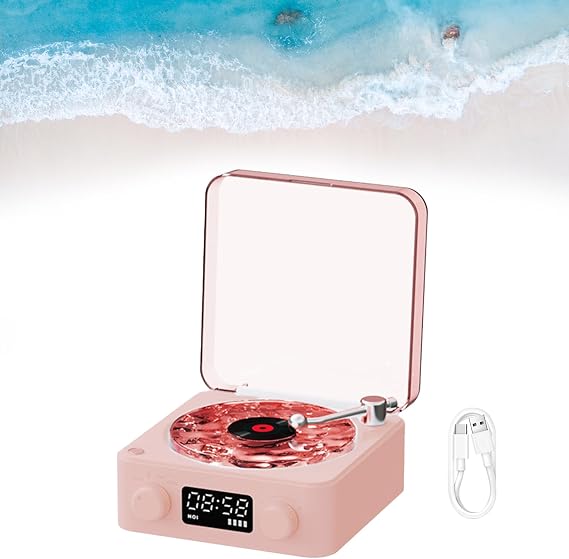 The Waves Vinyl Player Bluetooth Speaker with 3 Adjustable Ambient Lights, Portable Pink Vinyl Speaker Record Player with White Noise, 360 Surround Sound Retro Record Player for Room Desk, Party
