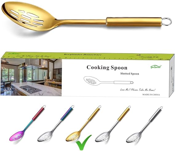 Berglander Slotted Spoon, Stainless Steel Gold Slotted Cooking With Titanium Plating, Slotted Serving Kitchen Spoon for Cooking (Gold)
