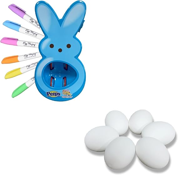 The Eggmazing Easter Egg Decorator - Peeps Bunny (Blue) + White Wooden Eggs (6 Pack)