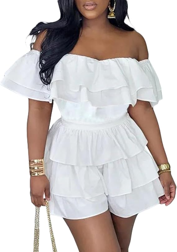 Women's Jumpsuit Off Shoulder Short Sleeve Ruffle Layer Mini Short Romper