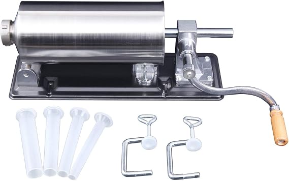 4.8 L Manual Sausage Filler Sausage Machine Stainless Steel Sausage Filling Machine with 4 Pieces Filling Tubes 11 mm 16 mm 20 mm 28 mm Sausage Press with Table Clamp for Home Silver