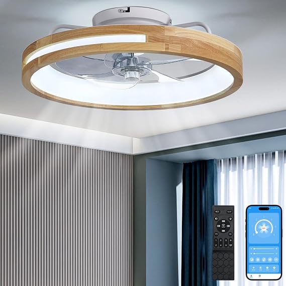20" Fandelier Ceiling Fan with Light, Wooden Flush Mount Low Profile Fan, 6 Speeds, Reversible DC Motor, Dimmable LED, Remote & APP Control, Modern Rustic Ceiling Fans for Bedroom, Dining Room, Office