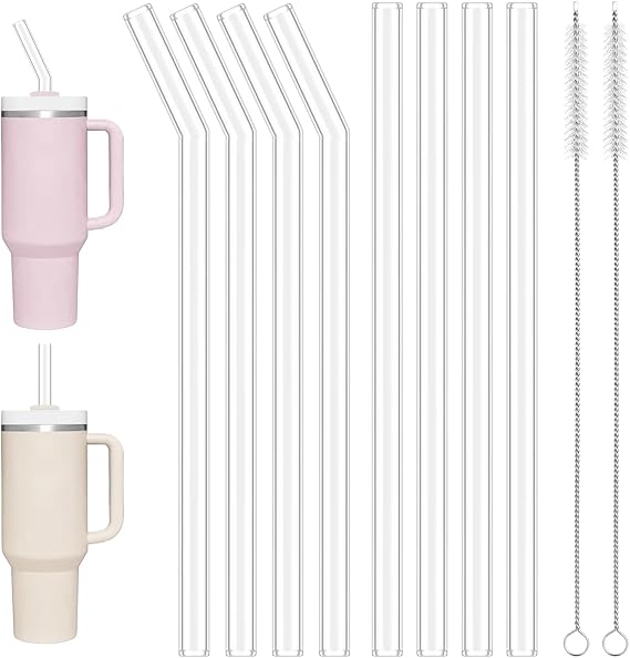 8pcs Glass Straws for Stanley Cup 30oz/40oz, Extra Long 31cm Reusable Straws - 4 Straight + 4 Curved with 2 Cleaning Brushes, Transparent Washable Straws for Stanley Tumbler & Water Bottles