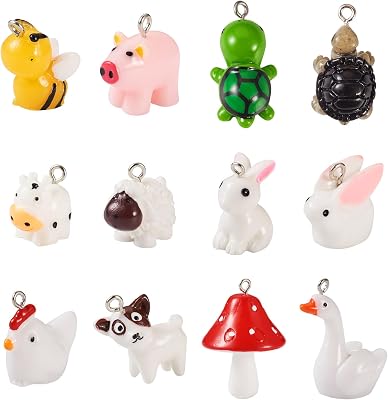 Beadthoven 48pcs 12 style Animals Resin Charm Pendants 3D Mini Mushroom Pig Bee Turtle Cow Sheep Chicken Goose Dog Rabbit Farm Dangle Charm Beads for DIY Earring Necklace Keychain Jewelry Making