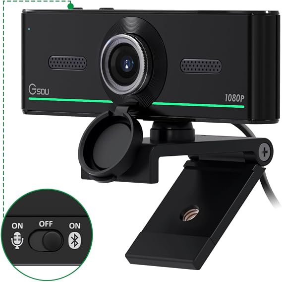 Gsou 1080P Webcam with Microphone for Desktop, Auto Light Correction,Privacy Cover, Computer Webcam Connect Bluetooth Headset/Earphone/Speaker, Webcams for Live Skype Teams, Bluetooth only for Audio