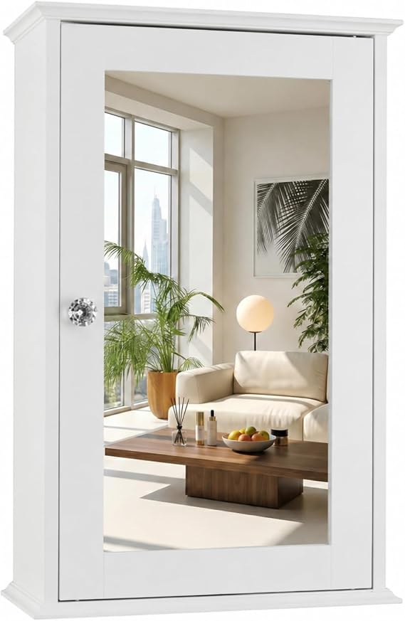 Bonnlo White Mirrored Medicine Cabinet - Wall Mounted Bathroom Storage Organizer with Single Door, 2 Adjustable Shelves & Magnetic Lock, Small Vanity Cabinet for Over the Toilet/Sink