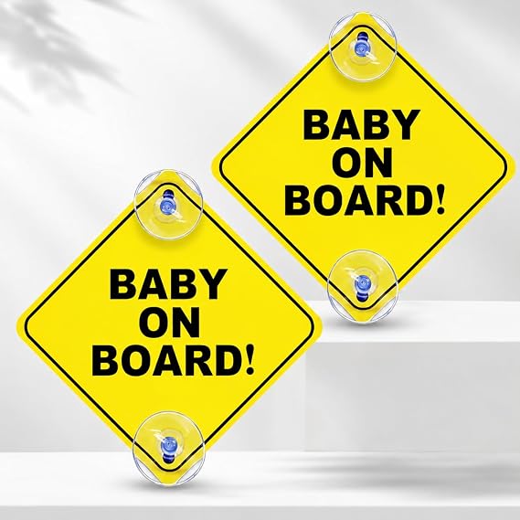2 Pcs Baby on Board Sign for Car, High Visibility Safety Warning Caution Sign with 4 Strong Suction Cups, Reusable PVC Weatherproof Stickers for Toddlers Babies & Kids - Yellow