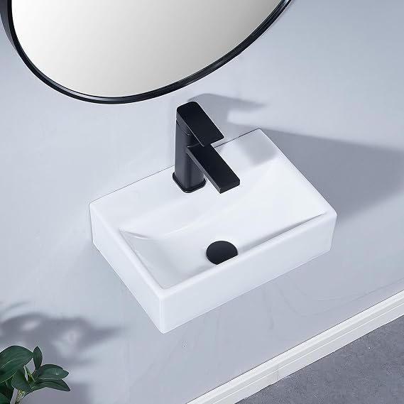 SHACO 14x10 Inch Small Wall Mount Bathroom Sink, Single Hole White Rectangular Modern Porcelain Ceramic Wall Mounted Sink for Laundry Half Bath Small Bathroom