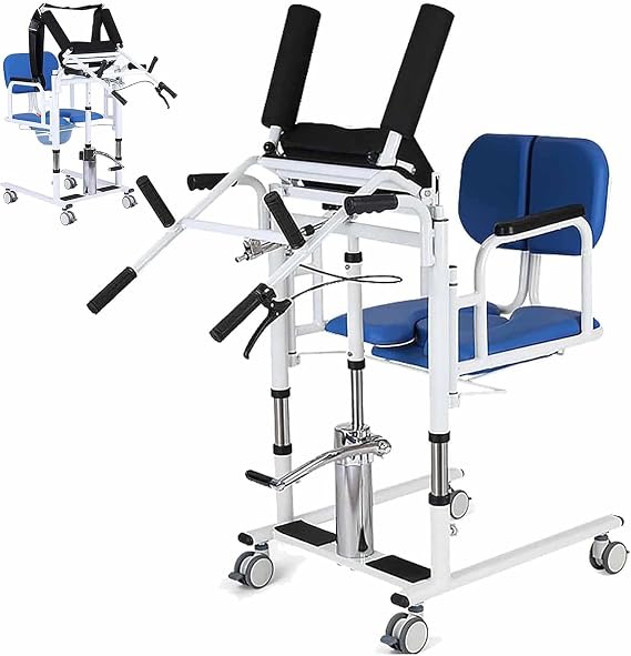 Hydraulic Patient Lift Aid Transfer Chair with Wheels, Wheelchair Lift Hoist for Lifting and Transferring Patients, Lift Bedside Commode Transfer Chair for Home Adults, Adjustable Height (Blue, A)