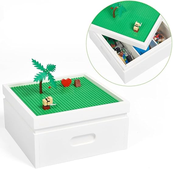 UTEX Buildable Cubby Storage with Building Baseplate Lid for Lego, Wooden Building Blocks Organizer with 3 compartments, Bricks Storage Bins Compatible with Lego and Duplo Bricks, White