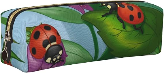 Ladybug on Printed Leather Pencil Case with Gold Zipper - Simple and Lightweight Organizer for School, Office, Travel, Makeup