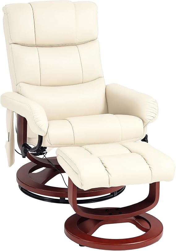 HOMCOM Massage Recliner Chair with Ottoman Swivel Recliner Cream White