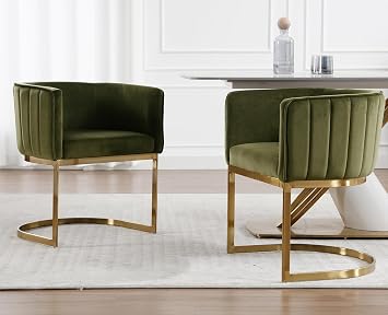 Kmax Velvet Dining Chairs Set of 2 Modern Barrel Arm Chairs with Golden Frame Upholstered Kitchen Chairs for Living Room, Dining Room, Hotel, Olive Green