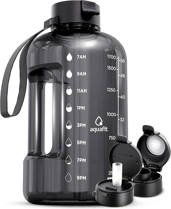 AQUAFIT Half Gallon Water Bottle with Time Marker | BPA Free Half Gallon Water Bottle with Straw and Chug Lids - Leakproof Gym Water Bottle with Carry Handle (Gray)