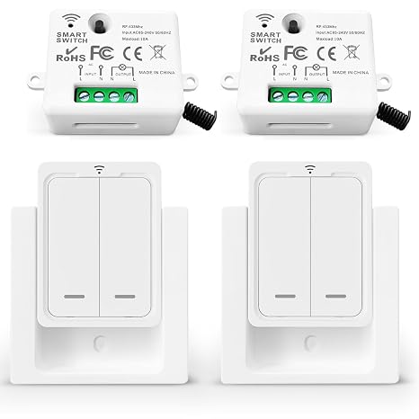 Wireless Lights Switch Kit, AC 220V 240V Mini Wireless Radio Transmitter Easy to Install Removable Wireless Wall Panel Switch 100 Meters Control Range for Light Lamp Appliances（2 To 2）