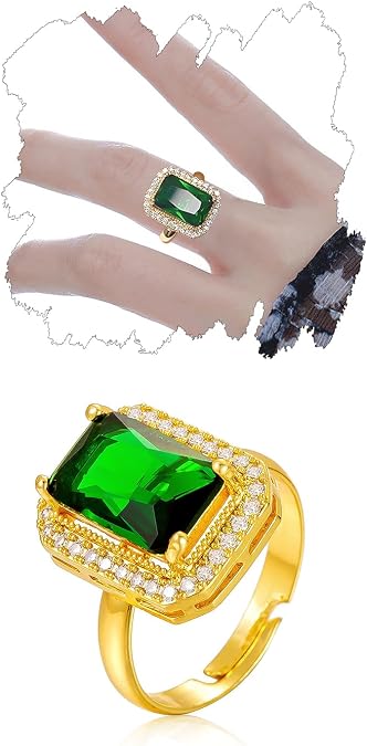 Square Emerald Ring Gold Plated Emerald CZ Ring for Women Adjustable Rectangle Cut Green Crystal Statement Ring for Mom Wife