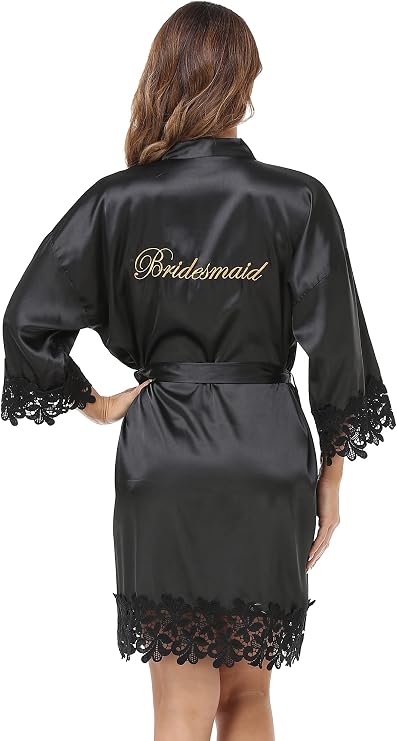 Women's Bride Bridesmaid Robe with Lace Trim Wedding Party Kimono Robes Soft Satin Bathrobe Getting Ready