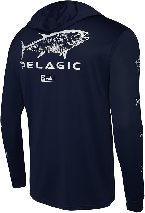 PELAGIC Men's Aquatek Gyotaku Hooded Fishing Shirt, Long Sleeve, UPF 50+ Protection, Ultra Soft Feel