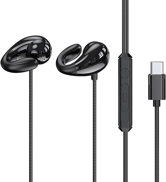 Open Ear Clip Wired Headphones Sports Earphones Running Earbuds with Mic 3.5mm/Type C Connector in-Line Control Stereo Headset for Cycling Jogging Gym Workout (Type-C)