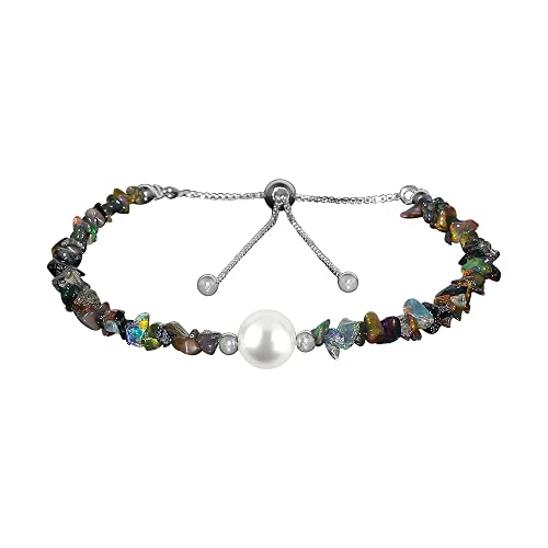 CRYSTALIS Natural Black Opal Beads Slider Bracelet with Elegant Pearl, High Grade Nuggets Crystal, Chakra Healing Gemstone, Gift Giving Women Jewelry, 925 Sterling Silver Slider 10 inch