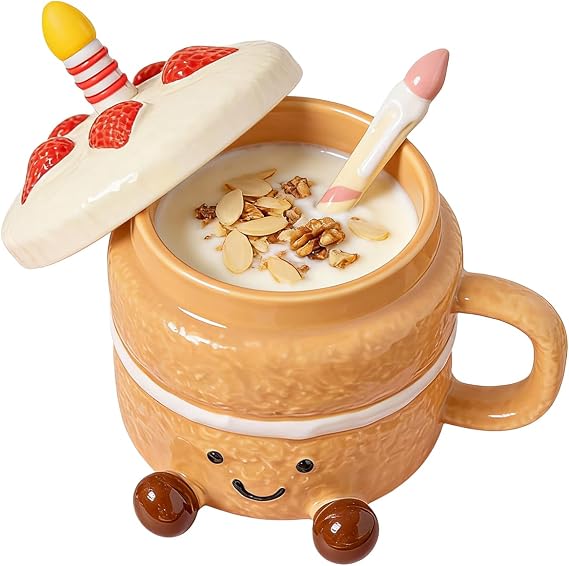 Funny Mugs Cute Ceramic with Lid Spoon Feet
