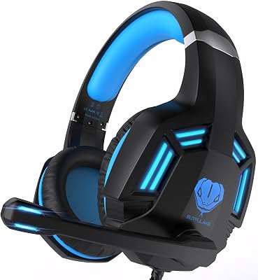Gaming Headset for PS4, PC, Xbox One, PS5, for Nintendo Switch, Wired Over Ear Headphones with Stereo Surround Sound, Noise-Cancelling Microphone, LED Lights for Kids Adults, Black Blue