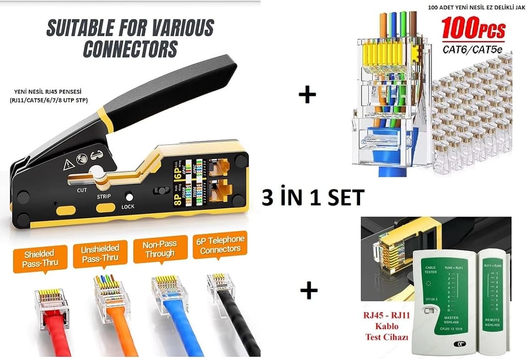 Yeni Nesil Ez Rj45 Sıkma Pensesi + Rj45 - R11 Test Cihazı + 100 Adet Yeni Nesil Ez 8Pc8C Utp Jak Set