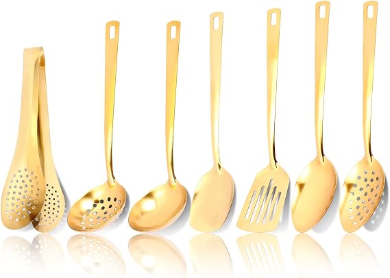 Kitchen Utensil Set 7pcs Stainless Steel Cooking Utensil Set Heavy Duty Kitchen Tool Spatula Kit Home Essentials New Home Must Have Dishwasher Safe(Golden)