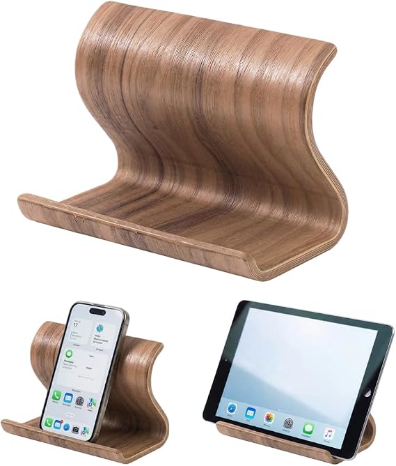 Bamboo Cell Phone Stand, Wooden Tablet Holder for Desk | Bamboo phone holder compatible with iPhone, iPad, Kindle, tablets. Holds 4-13 inch devices with case. Wooden desk accessory.