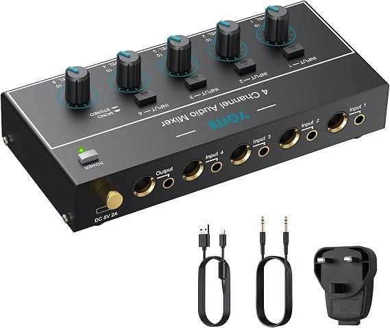 4-Channel Stereo Mixer with 6.35/3.5mm Audio Input/Output Jacks for Guitars | YGiTK Independent Control and Switch for Dual Mono/Stereo Modes, Type-C Powered, Line Mixer for Bass, and Dynamic Microphones