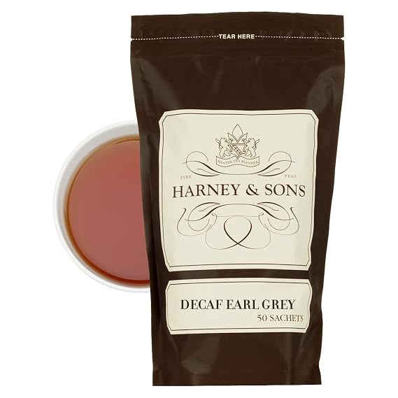 Harney & Sons Decaf Earl Grey Tea Sachets, 50 Count | Decaffeinated black tea with natural bergamot oil. 50 whole leaf sachets.