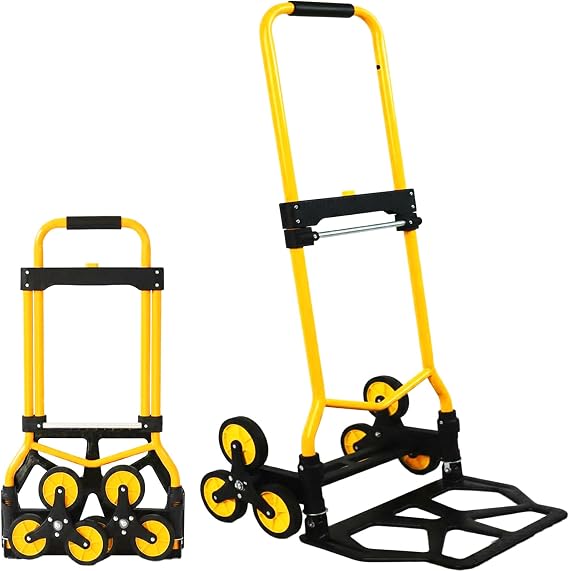 Heavy-Duty 220LB Capacity Stair Climbing Hand Trucks, Stair Climber Cart Dolly Hand Truck with 6 Wheels and One-Touch Retractable Handle for Home Stairs, Moving, Groceries, Warehouse(Yellow)