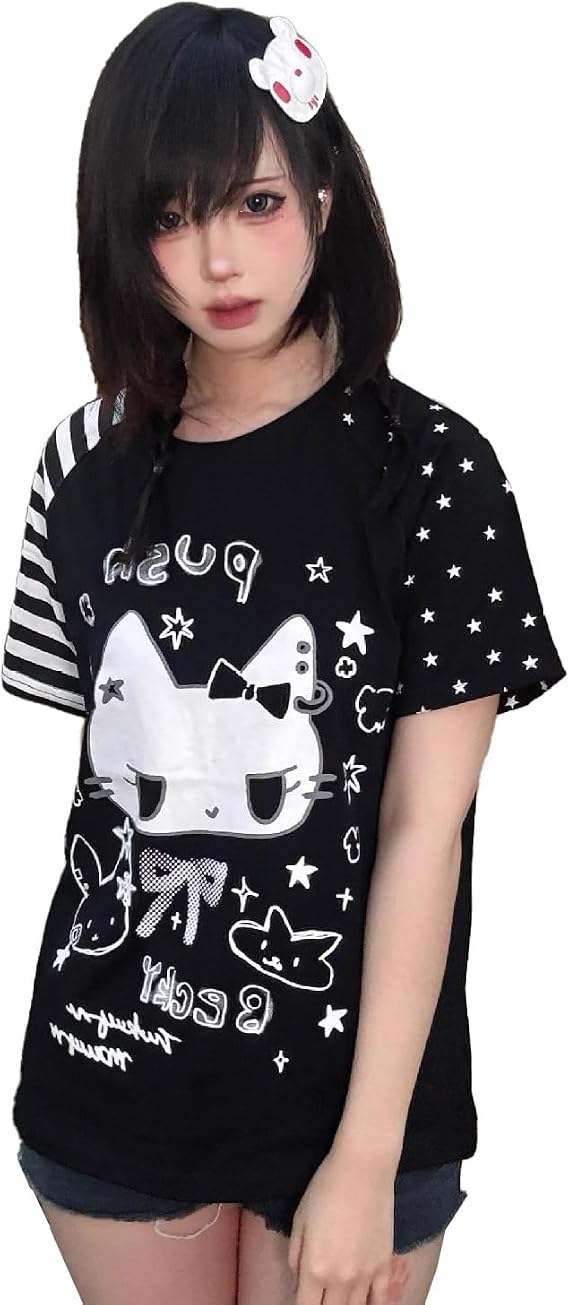 Women Y2k Kawaii Tops Oversized Graphic Clothing Harajuku T-Shirts Cute Cartoon Print Casual Tees