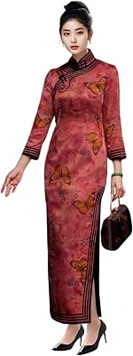 HangErFeng Women Qipao Mulberry Silk Floral Butterfly Printed Mock Collar Red Midi Cheongsam Party Wedding Dress 3630 XL