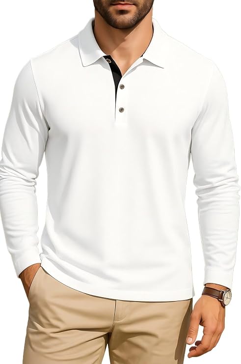 KUYIGO Mens Long Sleeve Polo Shirts Casual Slim Fit Basic Cotton Shirt Tops | Fall Winter Long Sleeve Shirt, Classic Collared Shirts, Great for Daily Life, Business Casual, Sports, Golf